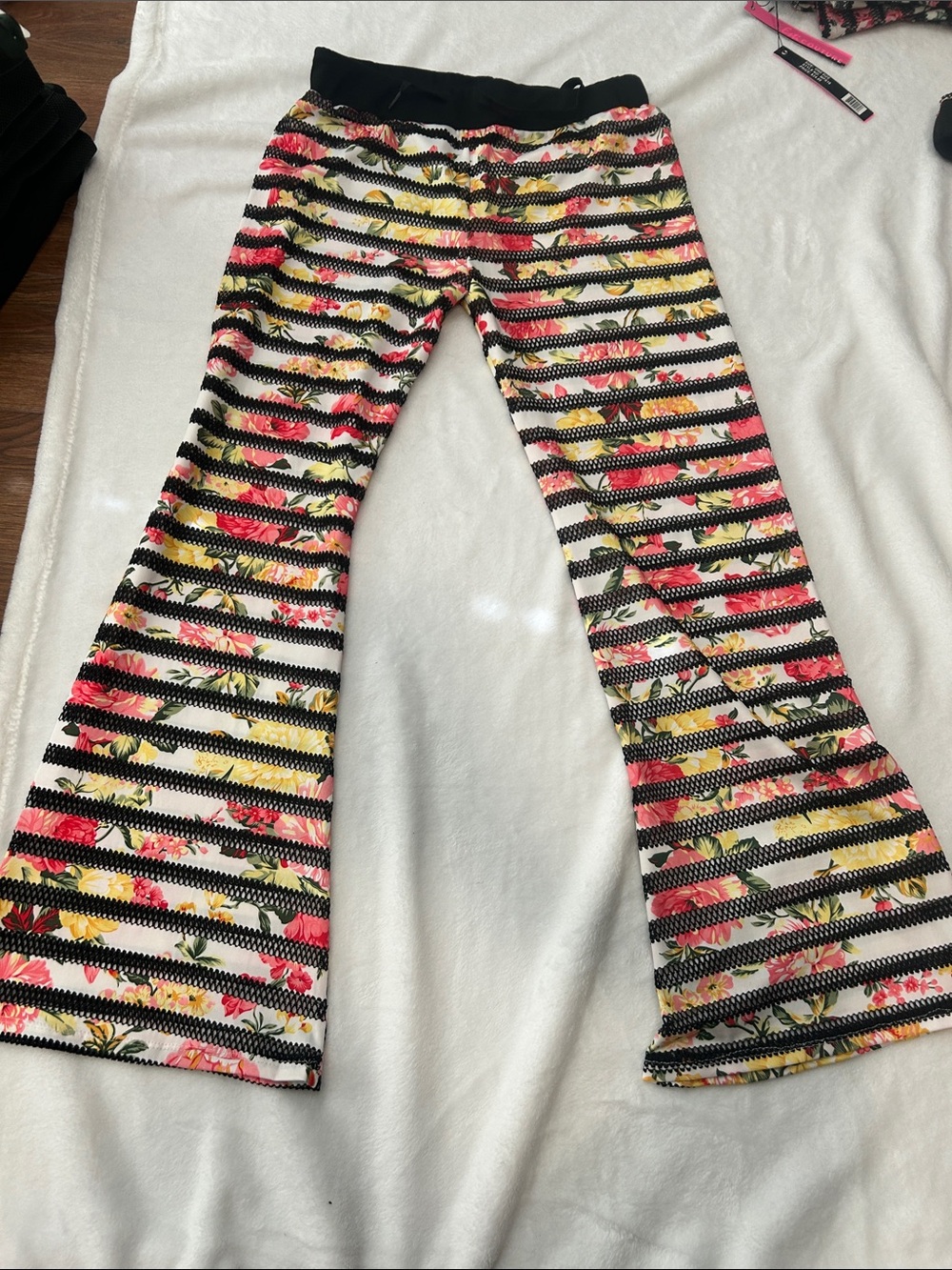 MM Couture Black Striped Floral Flare Jeans with Pink & Yellow Accents